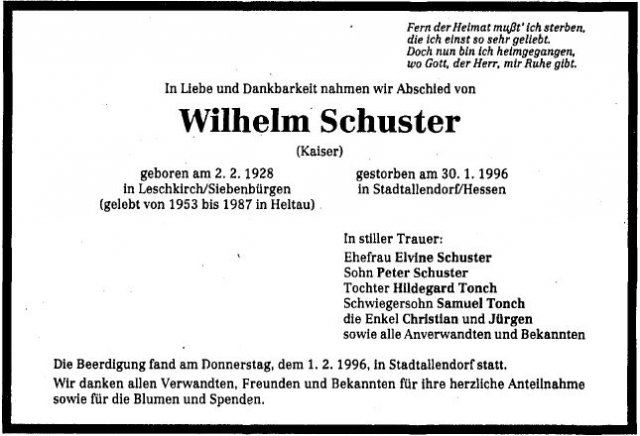 Schuster Wilhelm 1928-1996 Todesanzeige